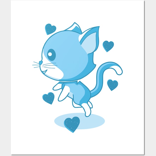 Blue kitten and hearts. Wall Art by FunawayHit